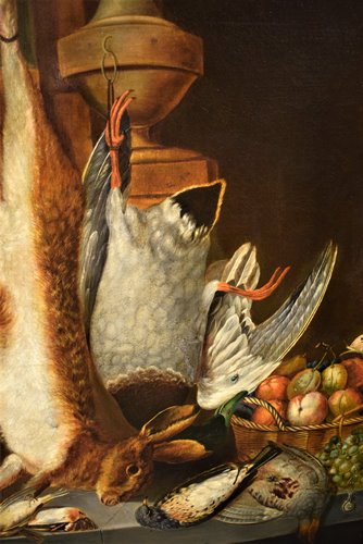 "Still life of game with fruit basket"